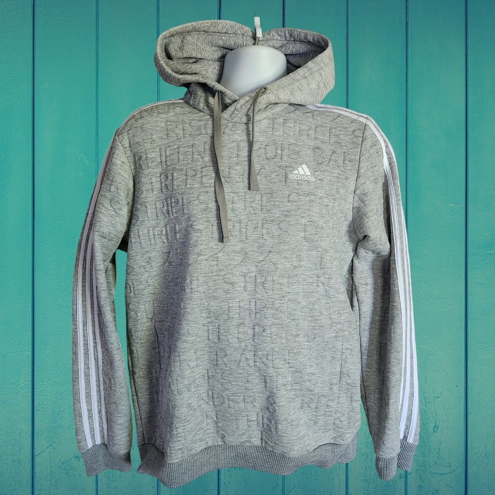 Adidas Men's Typography Print Gray Knit Pouch Pocket Athletic Hoodie Size Med